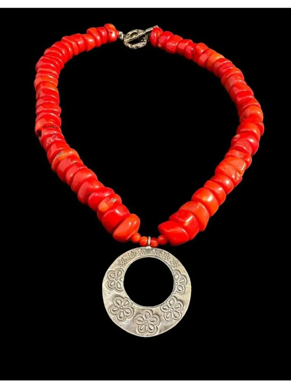 Necklace Red Coral Beaded Sterling Silver Floral Hoop Pendant Toggle Clasp